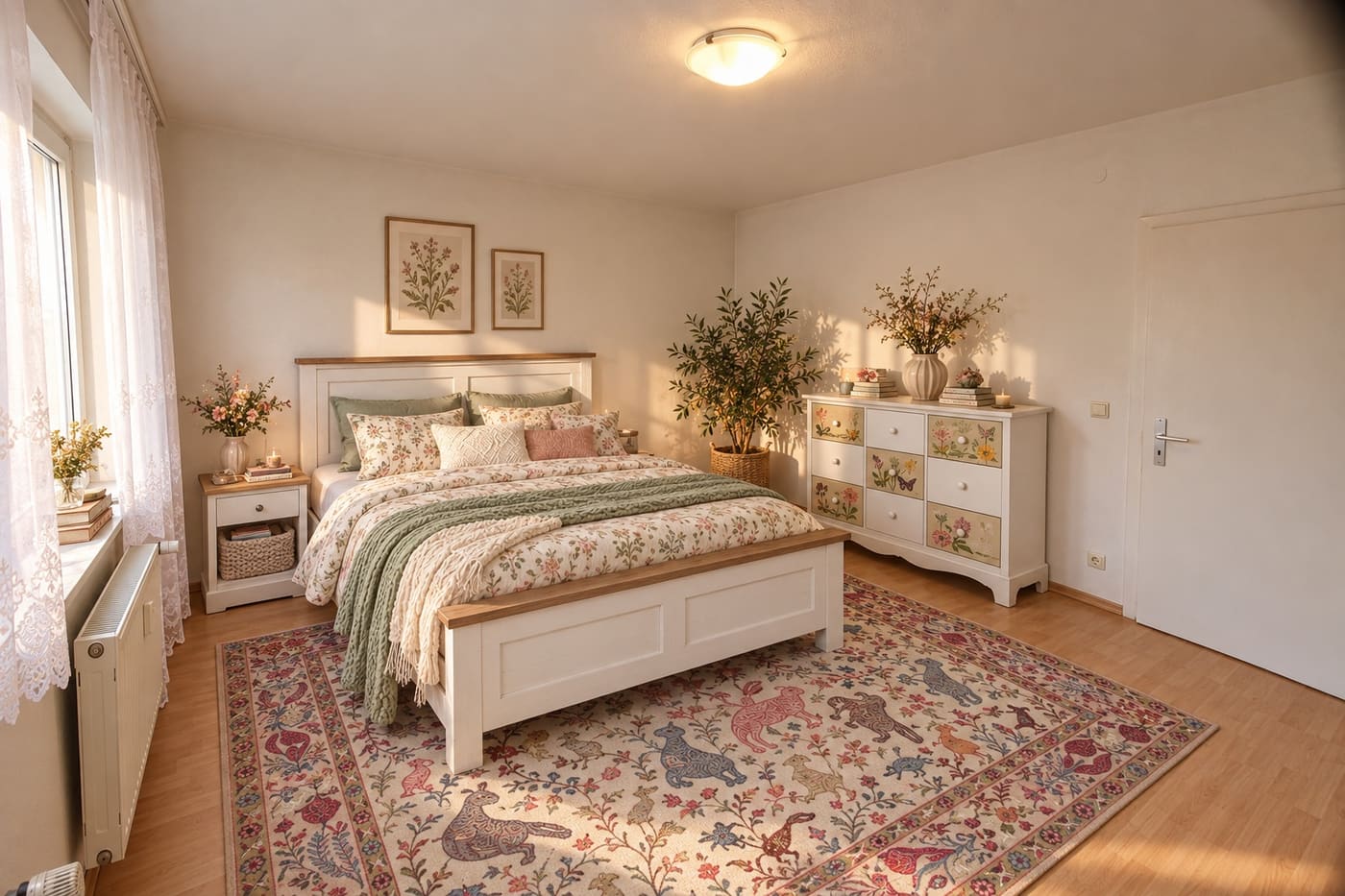 Dasselbe Schlafzimmer, eingerichtet mit Bett, Nachttisch, Kommode und Teppich