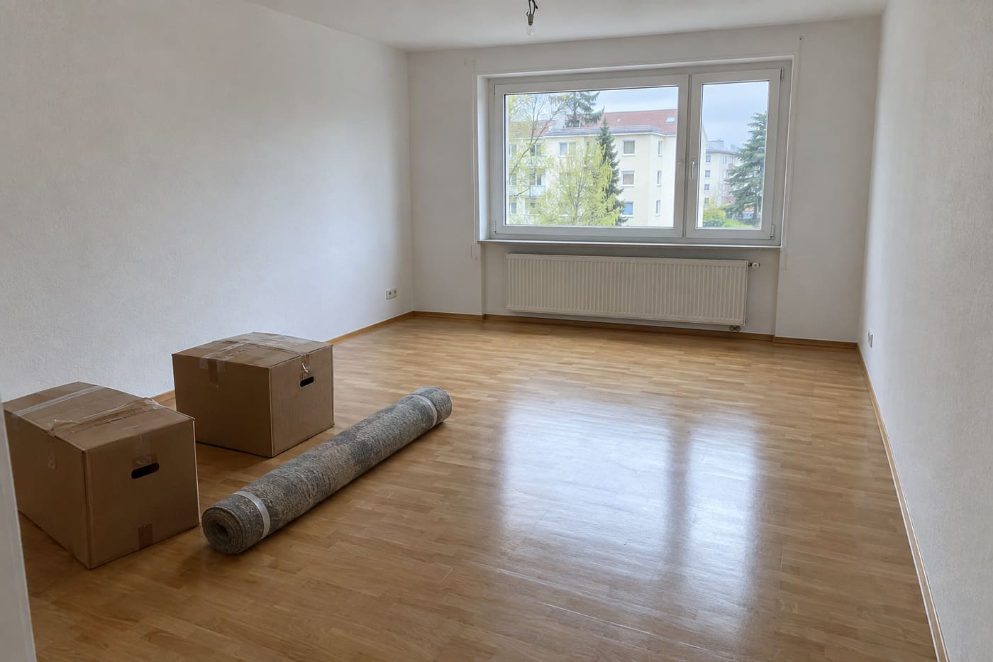Wohnzimmer, vorher: leer mit Umzugskartons